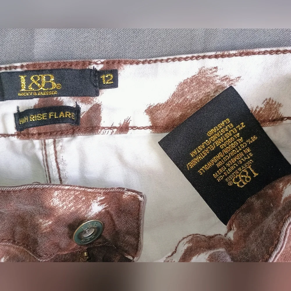 L&B Brown and White Cow Print Flare Jeans - Picture 4 of 8